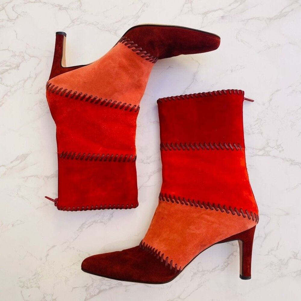Vintage Salvatore Ferragamo Suede Patchwork Boots Size 8B Whipstitch Red Orange